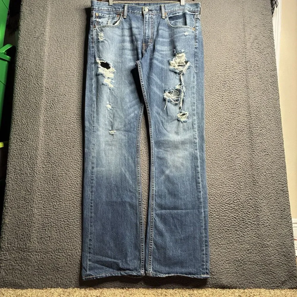 Levis Jeans Mens 36x34 Blue Denim 527 Low Boot Cut Medium Wash Flare Thrashed
